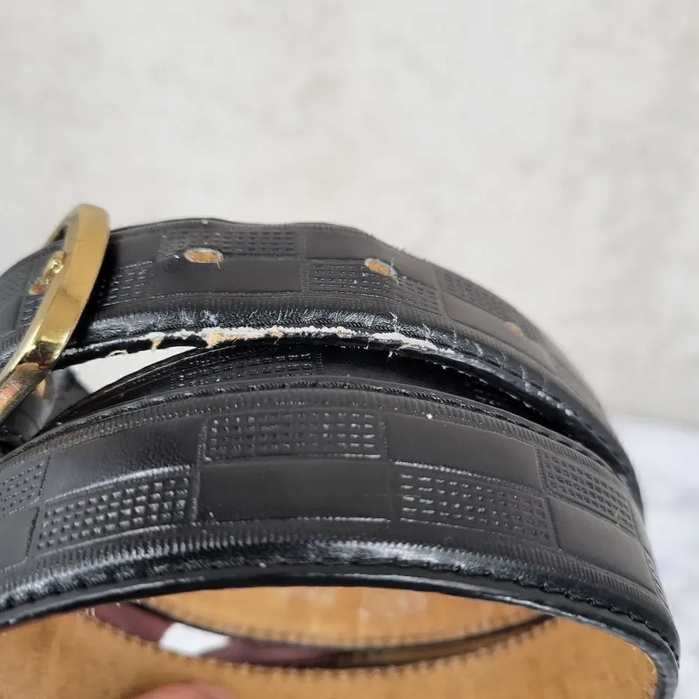 Men's Genuine Leather Black Checker Pattern Belt Brass Buckle Size 40